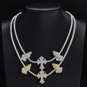 Hip hop 3.5mm tennis chain with iced out cross and praying hands pendant in gold and silver
