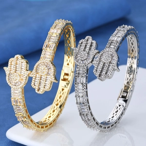 Luxury Hip Hop Hamsa Hand Bracelet Brass Micro Pave Zirconia Iced Out Bangle For Men Women Fashion Jewelry Gift