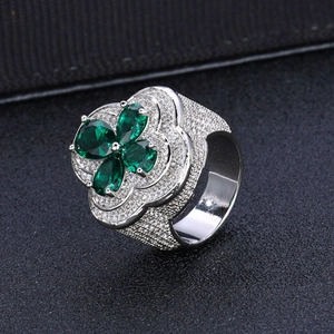Luxurious hip hop flower ring with green clover clover zircon stones in silver finish