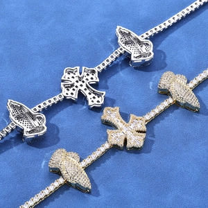 Hip hop tennis chain necklace with cross and praying hand pendants in gold and silver