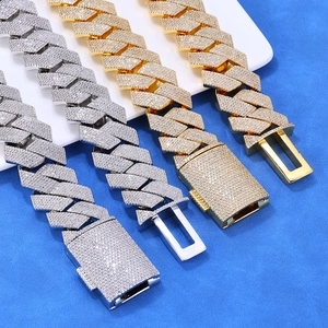 Hip hop style cuban chain necklace with six rows of zircons in gold and silver finish