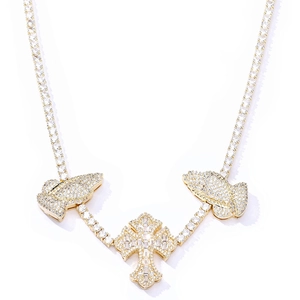 Hip hop S925 silver moissanite cross praying hands pendant with iced-out tennis chain