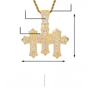 Detailed specs of gold hip-hop triple cross pendant with zircon and brass material dimensions
