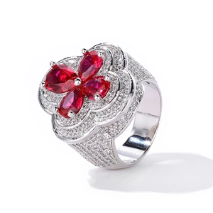 Luxury hip hop cocktail ring with red flower petals and white zircon micro-paving