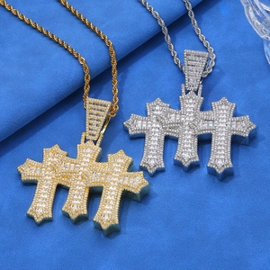 Hip Hop Triple Layered Cross Pendant Necklace Iced Out Copper Cubic Zirconia Long Rope Chain Streetwear Jewelry For Men
