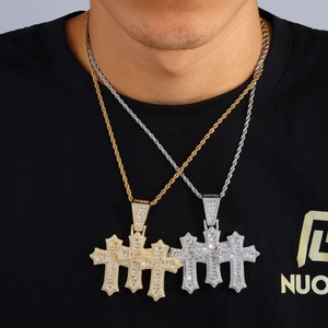 Hip-hop layered cross pendant necklace with zircon stones on twisted chain for men