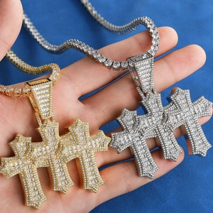 Hip hop triple cross pendant necklace with tennis chain in gold and silver set with zircons