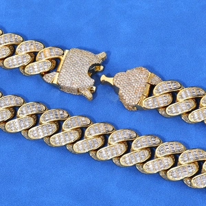 Χρυσό κολιέ Cuban Link στυλ Hip-hop με μικρο-διαμαντένια λευκά moissanite και τετράγωνα ζιργκόν