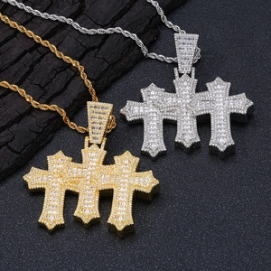Men Hip Hop Triple Cross Pendant Necklace Gold Silver Tone Iced Out Pave Cubic Zirconia Brass Jewelry Accessory