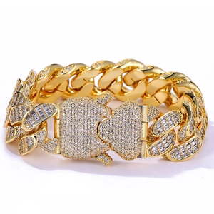 Bracelet cubain 18mm doré hip hop avec trois rangées de zircons et pierres taille baguette