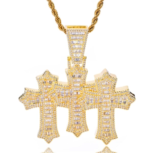 Hip hop triple cross pendant necklace in gold finish with white cubic zirconia stones