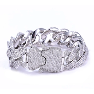 Bracelet Cubain 18mm Iced Out en Argent avec Fermoir Papillon Serti de Zircon pour Homme