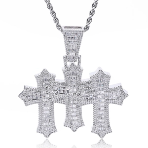 Hip hop style silver triple cross pendant necklace with baguette cut sparkling stones