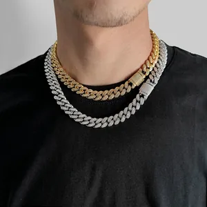Hip hop 12mm iced out Cuban link chain necklace in gold and silver finish for men