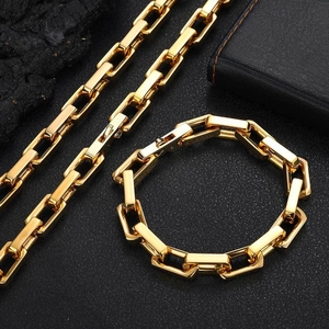 Detailed close-up of 9mm gold stainless steel rectangle link necklace and bracelet set