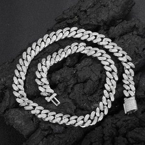 Icy silver 12mm Cuban link chain with double-row micro-pave diamonds for hip-hop style