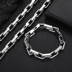 Mens silver 9mm stainless steel bamboo link chain necklace and bracelet set