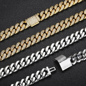 12mm iced out Cuban link chains with hip hop zircon pavé clasp in gold and silver