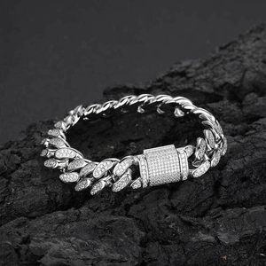 12mm iced out Cuban link bracelet with double row diamonds and silver-tone finish