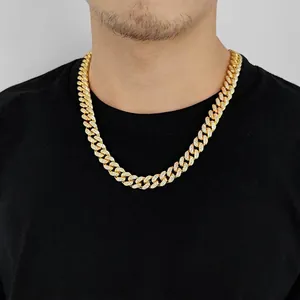 Chaîne cubaine 12mm dorée pour homme avec double rangée de zircons de style hip hop