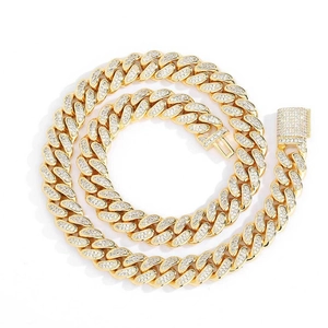 12mm gold plated iced out Cuban link chain necklace with double row cubic zirconia crystals