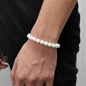 Bracelet classique en perles blanches rondes de 8 mm avec haute brillance pour homme