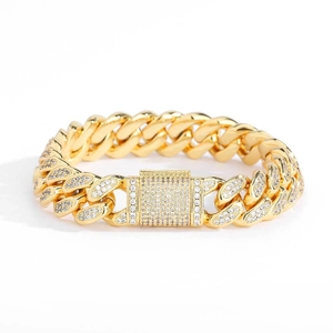 Men's 12mm golden Cuban link bracelet with double row zircons and secure flip clasp