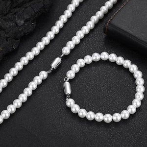 Parure élégante collier et bracelet en perles blanches 8mm avec fermoirs en métal argenté