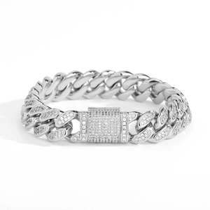 Detail of 12mm silver iced out Cuban link bracelet with micro-pave zircon box clasp