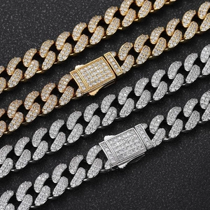 Hypoallergenic 12mm double row cubic zirconia iced out Cuban link chain in gold and silver