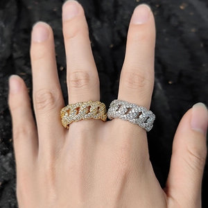 Anello Cuban Link 10mm stile Hip Hop con zirconi in finitura oro e argento