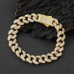 Men's 12mm gold Cuban link bracelet with double-row zircon pavé and spring jewelry clasp