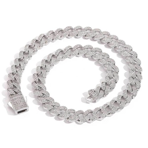 Detail of 12mm silver Cuban link chain with paved zircons and luxury spring clasp