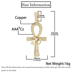 Vista dettagliata delle dimensioni del ciondolo Ankh con occhio di Horus e zirconi