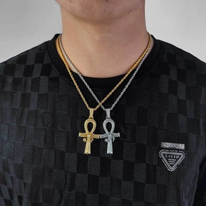 Colliers croix Ankh hip hop en or et argent avec zircone et chaînes de corde