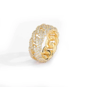Anello cubano dorato da 10mm stile hip hop con pavé di zirconi cubici trasparenti