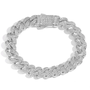 Detailed close-up of 12mm silver Cuban link bracelet with double row cubic zirconia stones
