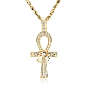Pendentif croix Ankh hip hop doré avec Œil d'Horus et zircons sur une chaîne torsadée