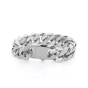 Bracelet gourmette épaisse en acier inoxydable argenté poli pour homme avec fermoir carré