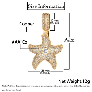 Detailed size chart of gold star pendant with AAA+ zircon micro-pave and dimensions