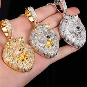Collana Con Pendente Testa di Leone Hip Hop in Rame Placcato Oro Vero Zirconia Micro Intarsiata Gioielli da Uomo Catena a Corda