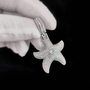 Hip hop starfish pendant necklace with silver plating and sparkling white zircon stones