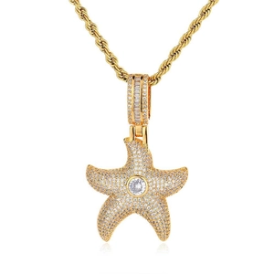 Hip hop starfish pendant necklace with gold plating and cubic zirconia on rope chain
