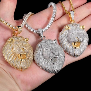 Collana con Pendente a Testa di Leone Hip Hop Iced Out Rame con Zirconia Incastonata Gioielli Galvanizzati Oro Argento Uomo