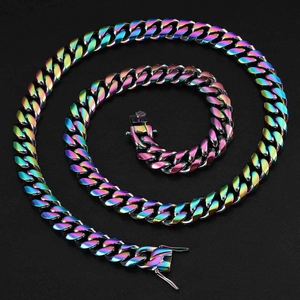 Chaîne cubaine en acier inoxydable arc-en-ciel avec fermoir de sécurité double