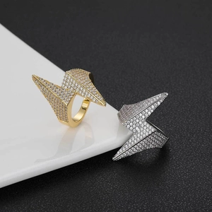 Hip hop lightning bolt rings in gold and silver colors with full zircon pavé setting