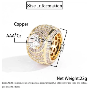 Macro detail of men's gold hip hop ring showing 26mm width and AAA+ zircon inlay