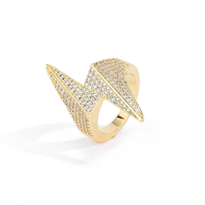 Hip hop lightning bolt ring in gold finish with sparkling pavé cubic zirconia stones
