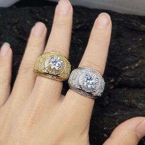 Hip hop style wide band rings in gold and silver set with large center zircon stones