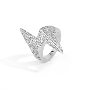 Macro shot of silver lightning ring with pave-set white cubic zirconia stones